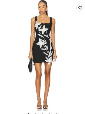 REVOLVE Black Mini Dress with White Floral Appliqué